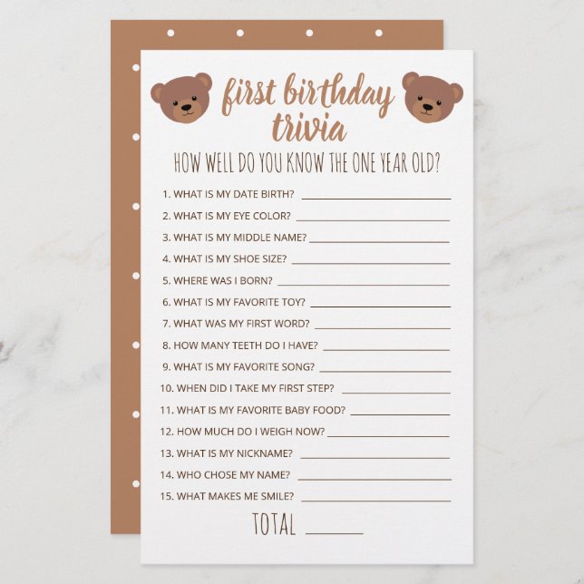 First Birthday Trivia How Well Do You Know Game (Front/Back)