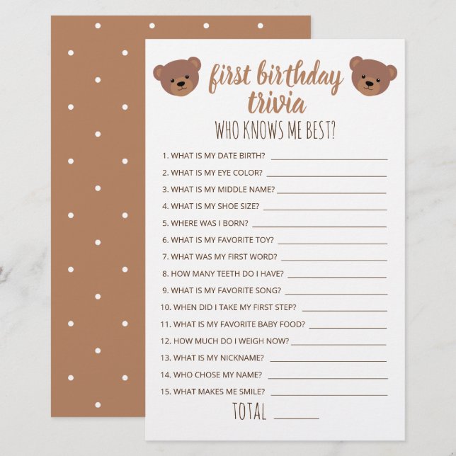 First Birthday Trivia Who Knows Me Best Game (Front/Back)