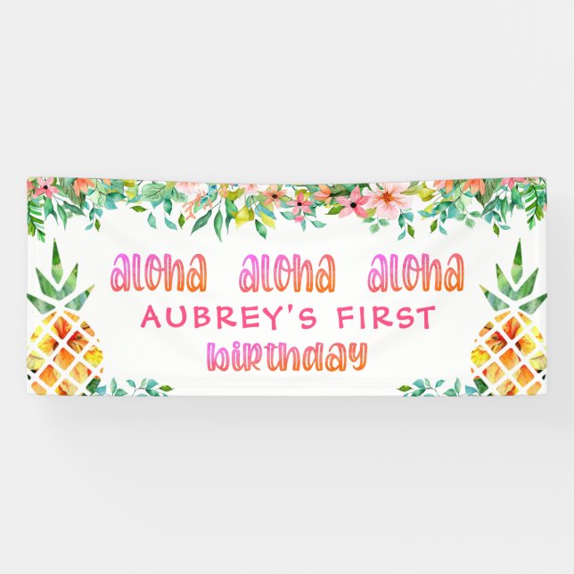 First Birthday Tropical Pineapple Floral Banner (Horizontal)