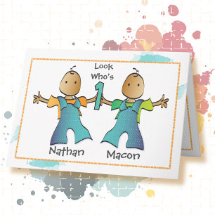 First Birthday Twin Boys Cartoon Cute Ethnic Card