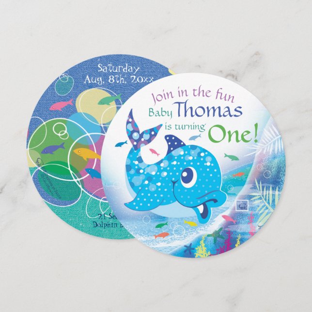 First Birthday, Under the sea, Blue Dolphin Invitation (Front/Back)