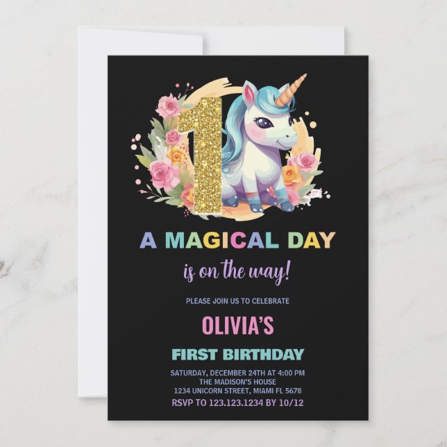 First Birthday Unicorn Birthday Invitations (Front)
