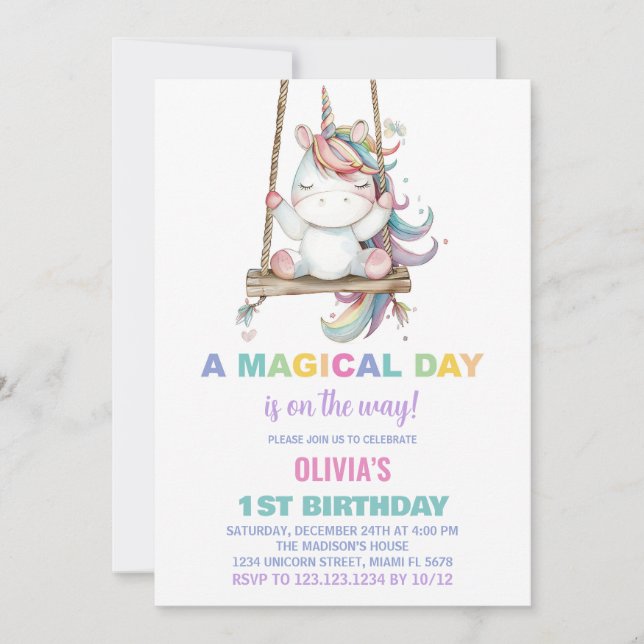 First Birthday Unicorn Birthday Invitations (Front)