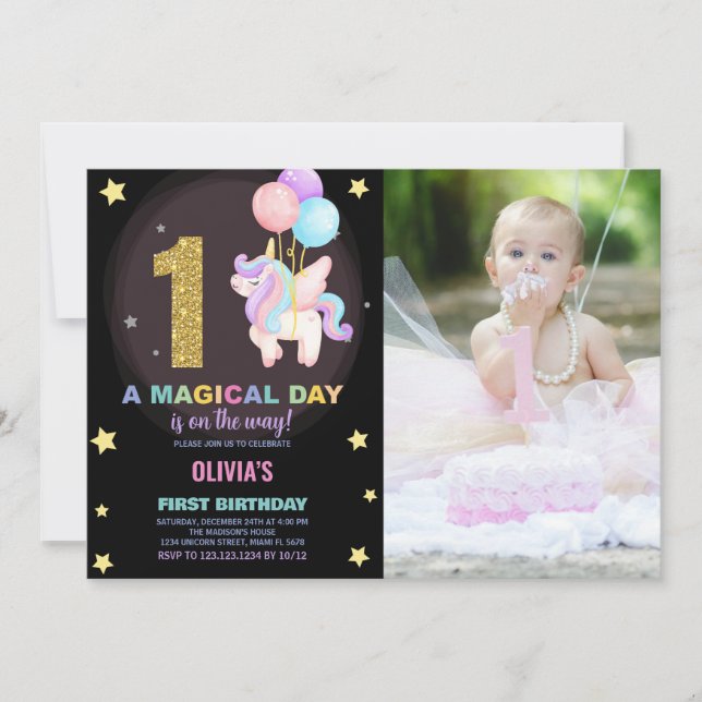 First Birthday Unicorn Birthday Invitations photo (Front)