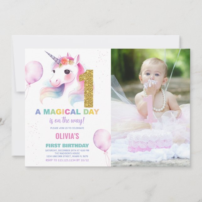First Birthday Unicorn Birthday Invitations photo (Front)