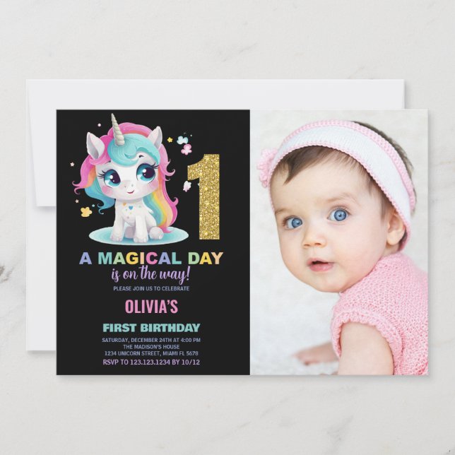 First Birthday Unicorn Birthday Invitations photo (Front)