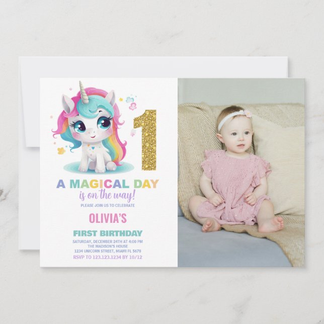 First Birthday Unicorn Birthday Invitations photo (Front)
