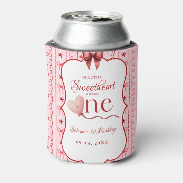 First Birthday valentine baby birthday party Can Cooler (Can Back)