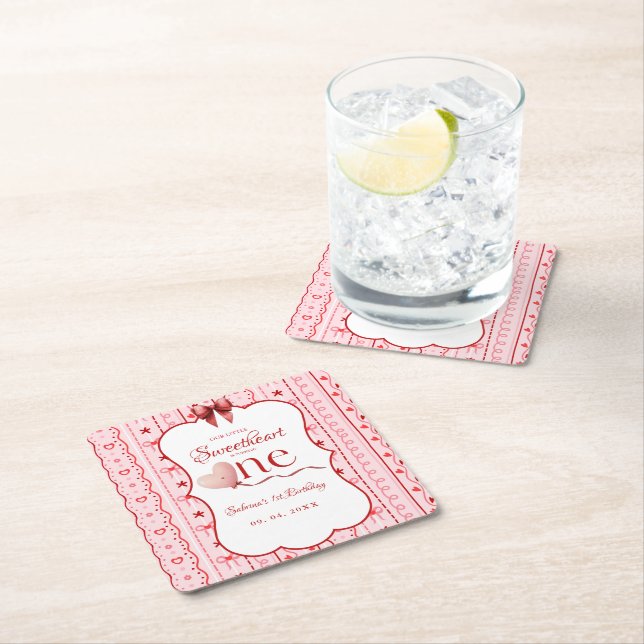First Birthday valentine baby birthday party Square Paper Coaster (Insitu)