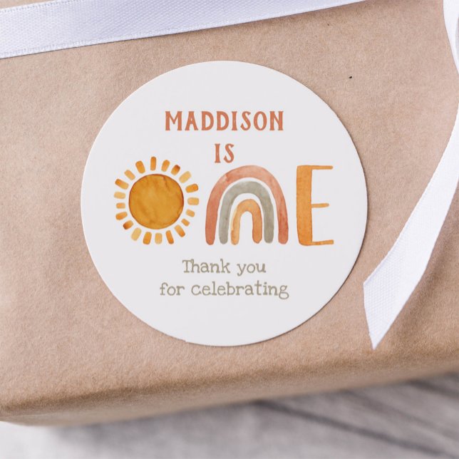 First Birthday Watercolor Boho Rainbow and Sun  Classic Round Sticker (Creator Uploaded)