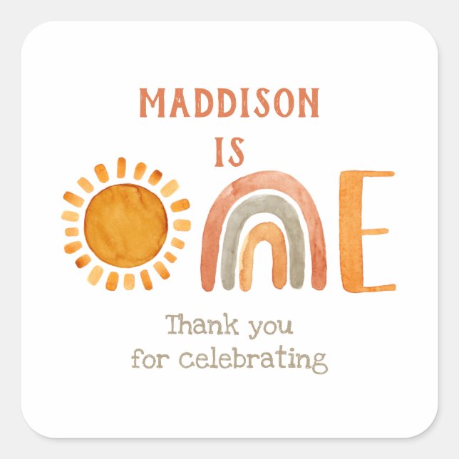 First Birthday Watercolor Boho Rainbow and Sun   Square Sticker (Front)