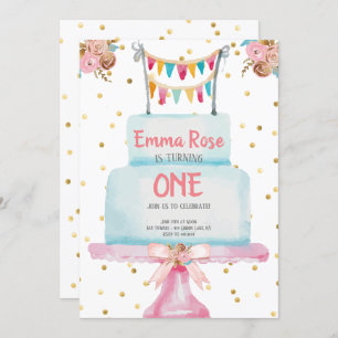 First Birthday Watercolor Cake Invitation
