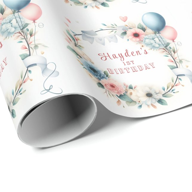 First Birthday - Watercolor Flowers and balloons  Wrapping Paper (Roll Corner)
