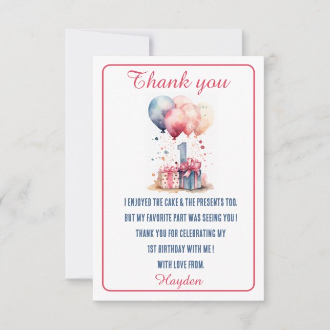 First Birthday - Watercolor gifts and balloons - Thank You Card (Front)