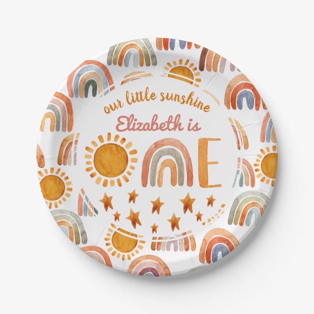 First Birthday Watercolor Sunshine and Rainbow  Paper Plate (Front)