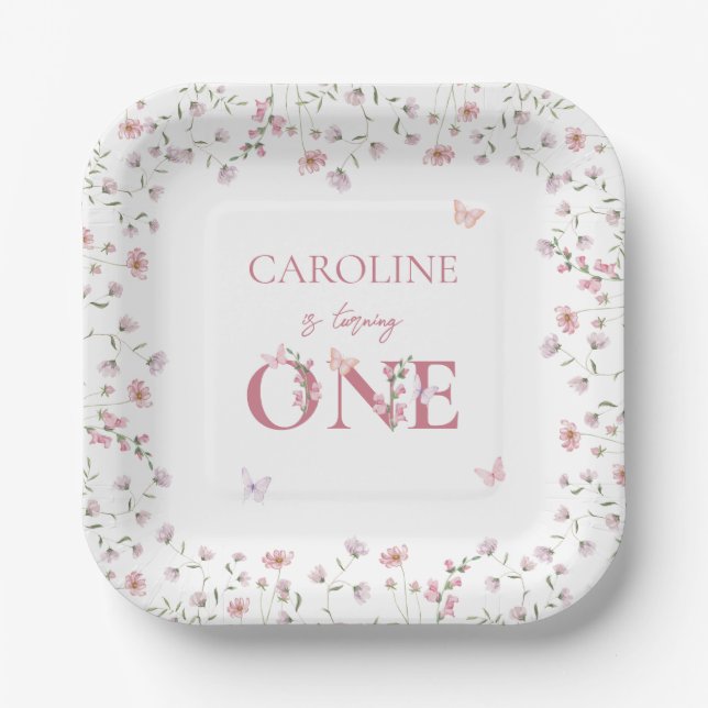 First Birthday Watercolor Wildflower Butterfly Paper Plate (Front)