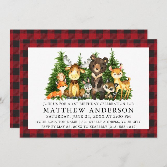 First Birthday Watercolor Woodland Animals Plaid Invitation (Front/Back)
