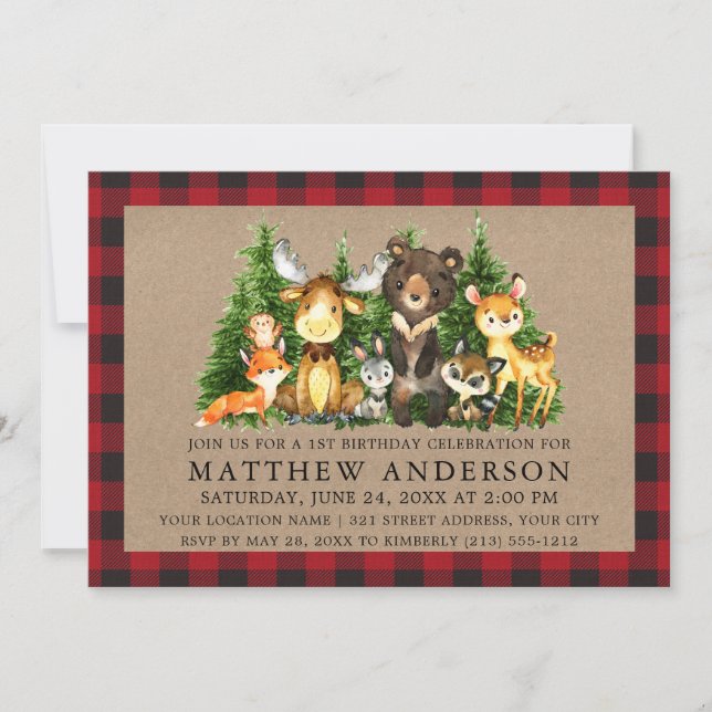 First Birthday Watercolor Woodland Animals Rustic Invitation (Front)