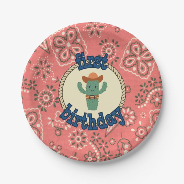 First Birthday Western Bandanna Cactus Paper Plate (Front)