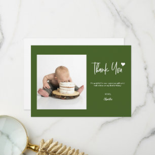 First Birthday with Custom Photo Modern green Thank You Card