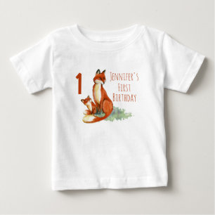 First Birthday with Foxes Watercolor Drawing Baby T-Shirt