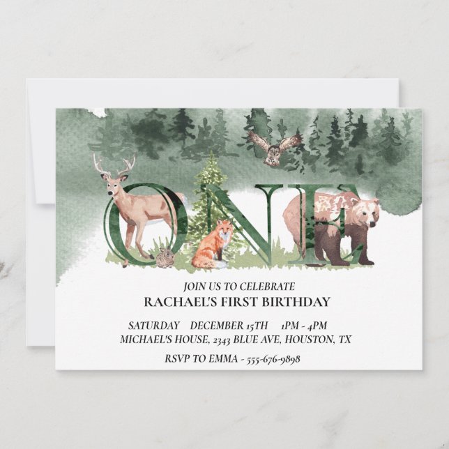 First Birthday Woodland Bear Deer Watercolor Invitation (Front)