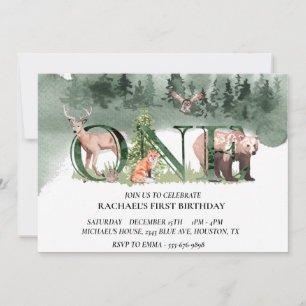 First Birthday Woodland Bear Deer Watercolor Invitation