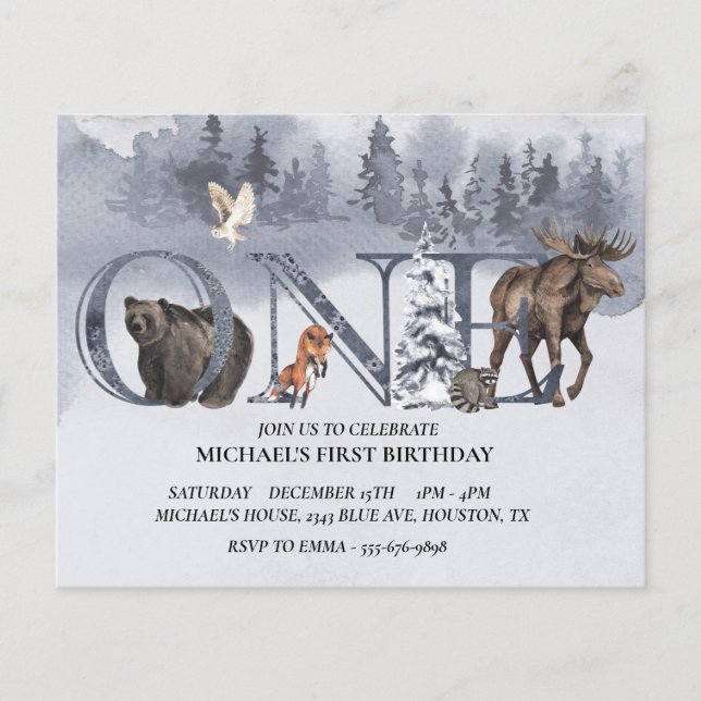 First Birthday Woodland Bear Winter Watercolor  Flyer (Front)