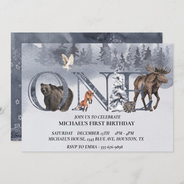 First Birthday Woodland Bear Winter Watercolor Invitation (Front/Back)
