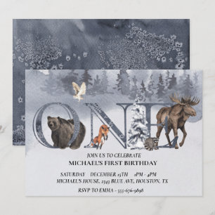 First Birthday Woodland Bear Winter Watercolor Invitation