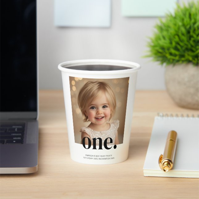 First Bithday Photo Acrylic Sign in Black & White Paper Cups (Insitu)