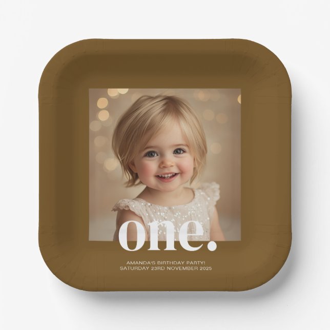 First Bithday Photo Acrylic Sign in Brown Paper Plate (Front)