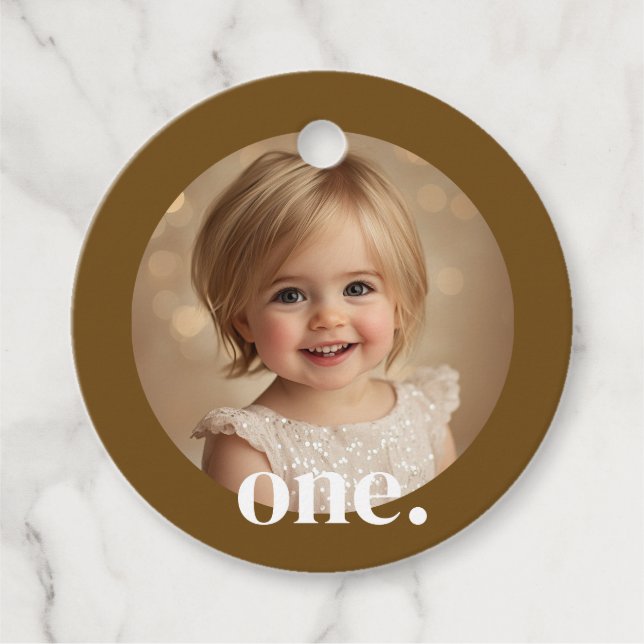 First Bithday Photo Favor Tag in Brown & White (Front)