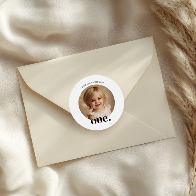 First Bithday Photo Round Sticker in Black & White (Creator Uploaded)