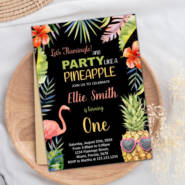 First Black Flamingo & Pineapple Birthday Invitation (First Black Flamingo & Pineapple Birthday Invitation)