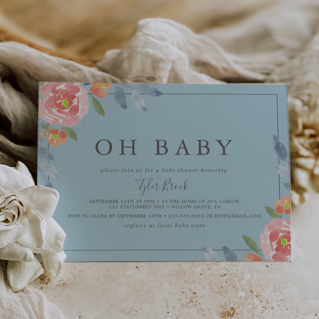 First Bloom Floral Horizontal Oh Baby Baby Shower  Invitation (Creator Uploaded)