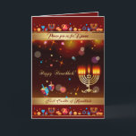 First Candle of Hanukkah Festival of lights Party Invitation<br><div class="desc">First Candle of Hanukkah. Happy Hanukkah Festival of lights Party Invitation Beautiful Jewish Holiday Card. Jewish Holiday Chanukkah background with traditional Chanuka decorative symbols - wooden dreidels (spinning top), doughnuts, hanukkiah menorah, candles, star of David and glowing lights wallpaper gold pattern. Hanukkah Festival of lights Event Decoration. Jerusalem, Israel. Invitations...</div>