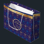 First Candle of Hanukkah Festival of Lights Party  Large Gift Bag<br><div class="desc">First Candle of Hanukkah. Happy Hanukkah Festival of lights party Gift Bag beauty Jewish holiday card. Beautiful Jewish Holiday Chanukah background with traditional Chanukah decorative symbols - wooden dreidels (spinning top), doughnuts, hanukkiah menorah, candles, star of David and glowing lights wallpaper gold hanukkiah navy blue pattern pattern. Hanukkah festival of...</div>