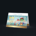 First Candle of Hanukkah Festival of lights party Thank You Card<br><div class="desc">First Candle of Hanukkah. Happy Hanukkah Festival of lights party invitation beauty Jewish holiday card. Beautiful Jewish Holiday Chanukkah background with traditional Chanuka decorative symbols - wooden dreidels (spinning top), doughnuts, hanukkiah menorah, candles, star of David and glowing lights wallpaper gold pattern. Hanukkah festival of lights event decoration. Jerusalem, Israel....</div>