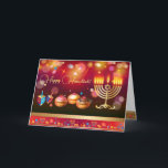 First Candle of Hanukkah Festival of Lights Party Thank You Card<br><div class="desc">First Candle of Hanukkah. Happy Hanukkah Festival of lights party invitation beauty Jewish holiday card. Beautiful Jewish Holiday Chanukkah background with traditional Chanuka decorative symbols - wooden dreidels (spinning top), doughnuts, hanukkiah menorah, candles, star of David and glowing lights wallpaper gold pattern. Hanukkah festival of lights event decoration. Jerusalem, Israel....</div>