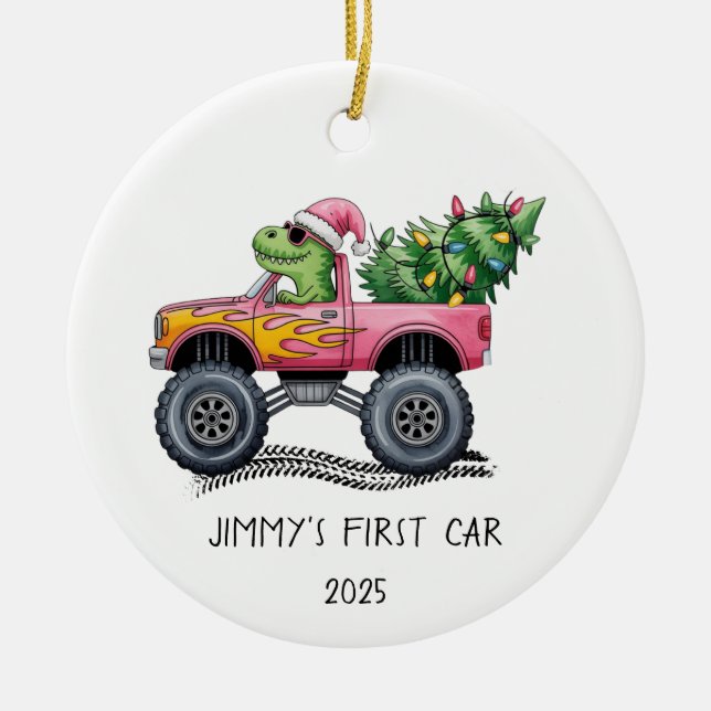 First Car Personalized Dinosaur Monster Truck Ceramic Tree Decoration (Front)