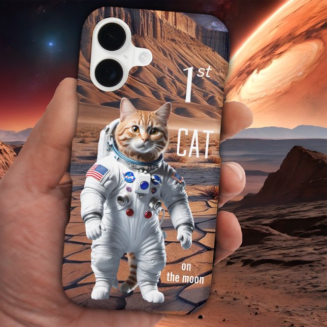First Cat on the Moon Funny Cat (Phone case featuring an illustration of a funny cat on the moon - space - sci-fi - adventure)