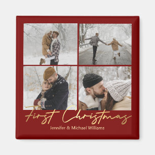 first christmas, 4 photos collage gold red wedding magnet