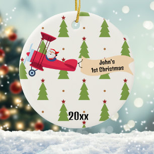 First Christmas Aeroplane & Santa Trees Boy Custom Ceramic Tree Decoration