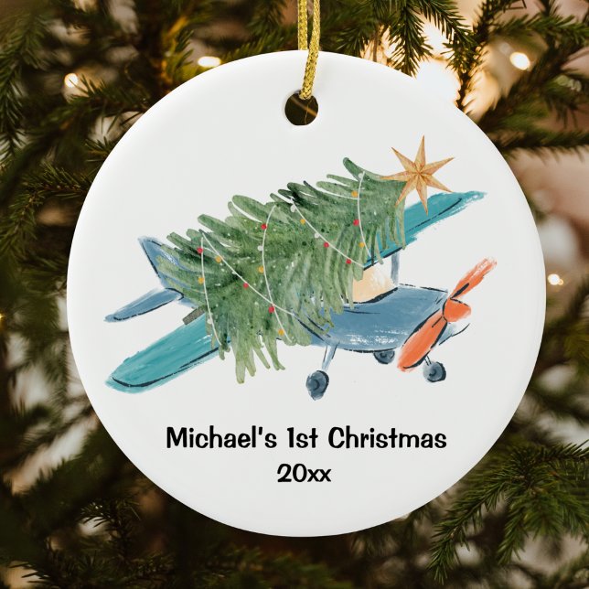 First Christmas Aeroplane Tree Travel Personalised Ceramic Tree Decoration (Creator Uploaded)