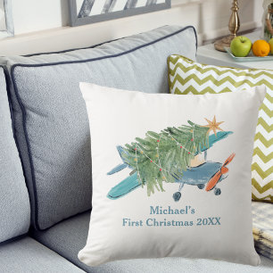 First Christmas Aeroplane Tree Travel Personalised Cushion