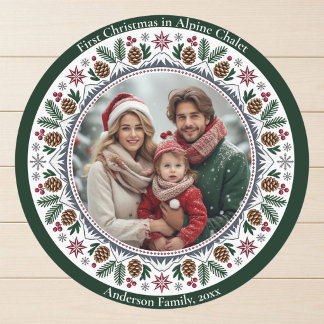 First Christmas Alpine Chalet Family Photo Nordic Classic Round Sticker