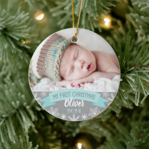 First Christmas Aqua Blue Baby Boy Photo Ceramic Tree Decoration