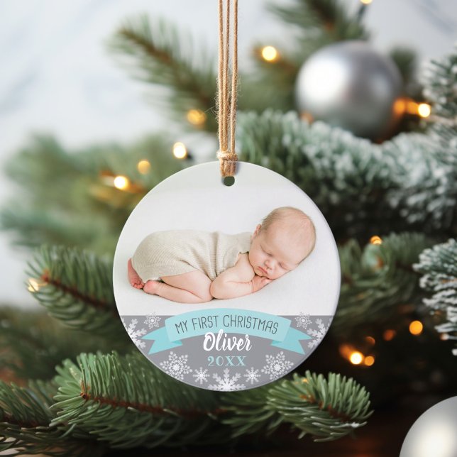 First Christmas Aqua Blue Baby Boy Photo Ornament (Creator Uploaded)