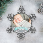 First Christmas Aqua Blue Baby Boy Photo Snowflake Pewter Christmas Ornament<br><div class="desc">"My First Christmas" banner and snowflake border photo ornament design can be personalized with the baby boy's name and birth year. Includes a second photo on the back. Aqua / teal blue,  gray and white colors.</div>